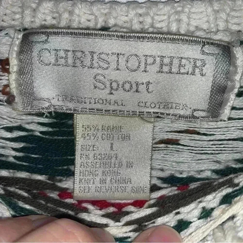 Vintage Christopher Sport Chunky Patterned Cotton Grandpa Sweater Large - Picture 6 of 10